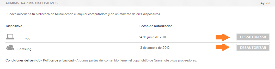 Lista de dispositivos reconocidos