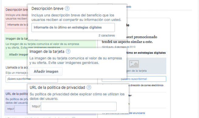 Contenido tarjeta de generación de contactos Twitter