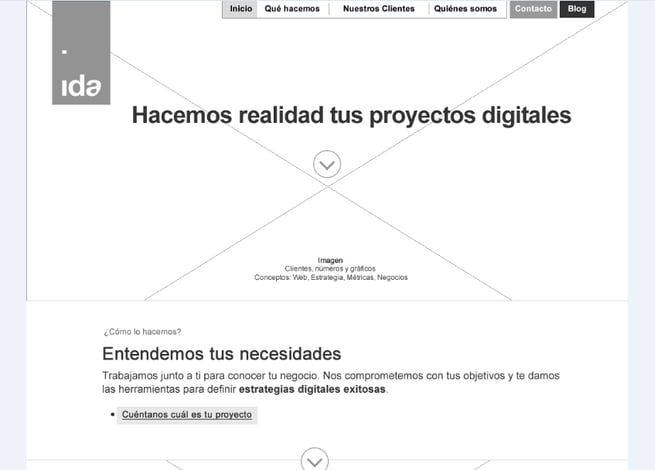 Wireframe de la página de inicio de IDA