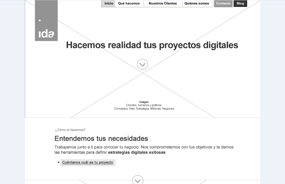 Wireframe de la página de inicio de IDA