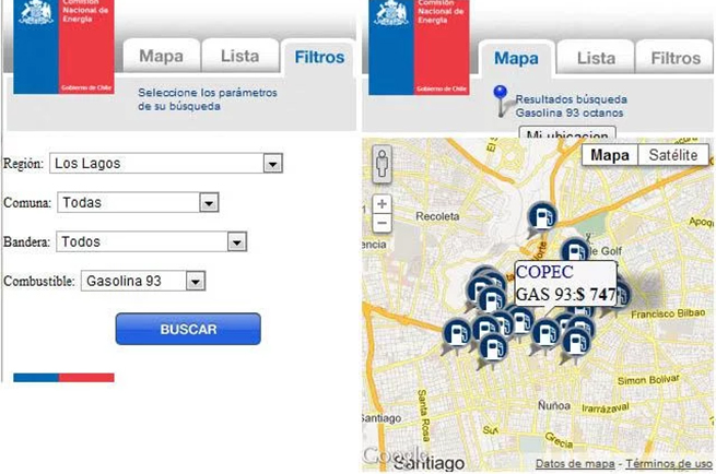 Captura de pantalla de la aplicación BencinasCL