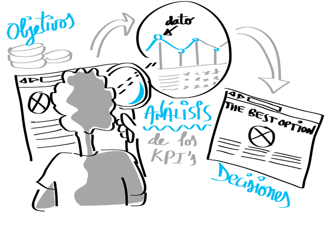 Ilustración de un redactor analizando contenido y métricas en una página