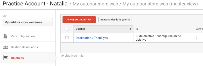 Configuración de objetivos desde la vista de cuenta 
