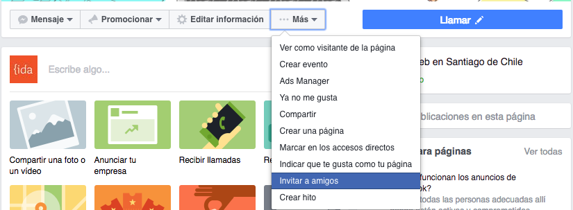 Opción para invitar amigos a páginas de Facebook