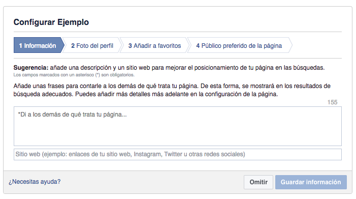 configuración de los datos de una página de empresa en Facebook