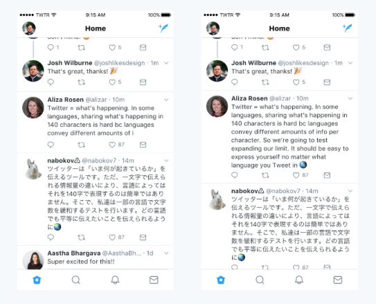 Ejemplos visuales de cómo se ven mensajes en Twitter con 140 y 280 caracteres