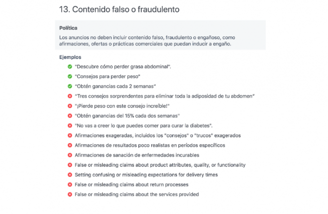 Captura de pantalla de información sobre contenido falso o fraudulento.