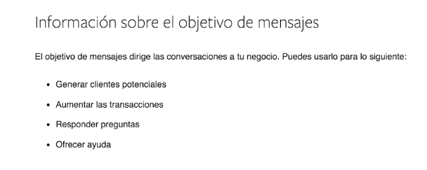 Captura de pantalla sobre la información sobre el objetivo de los mensajes