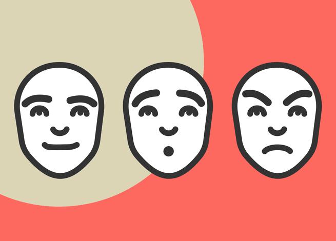 Tres rostros con muecas de felicidad, sorpresa y enojo.