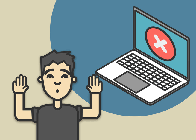 sujeto con manos levantadas y computador con letra X en la pantalla