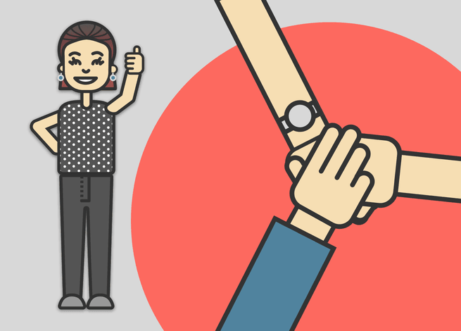 Persona de pie en señal positiva, y manos entrelazadas.