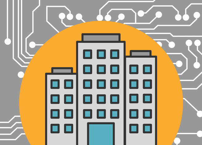 edificio delante de una red de conexiones.