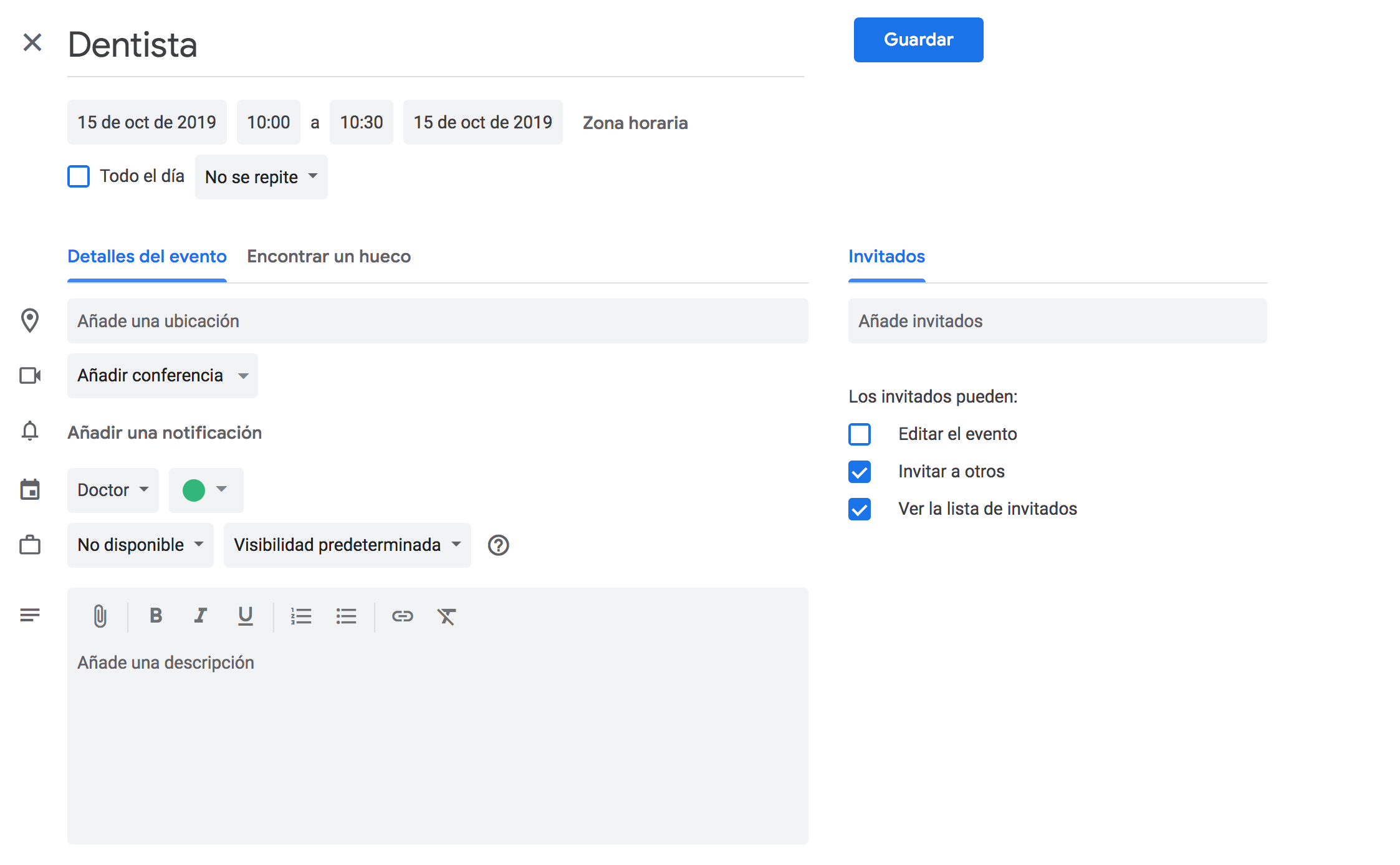 Detalle de un evento en Google Calendar donde aparecen las opciones.