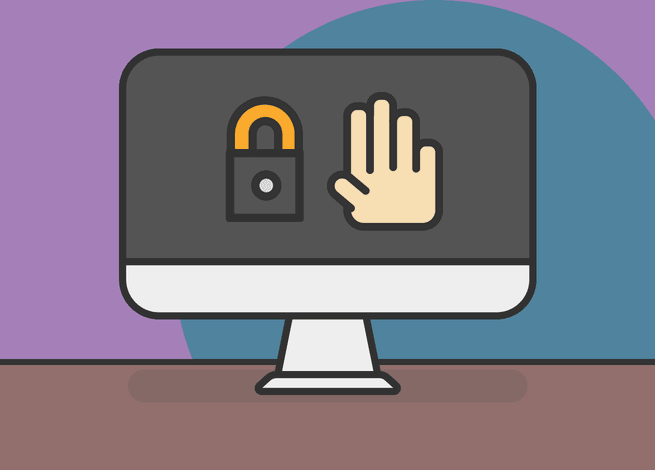 Un candado y una mano en señal de stop, dentro de una pantalla.