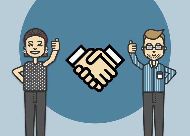 Cliente y consultor con un gesto de "manos dadas" entre ellos.