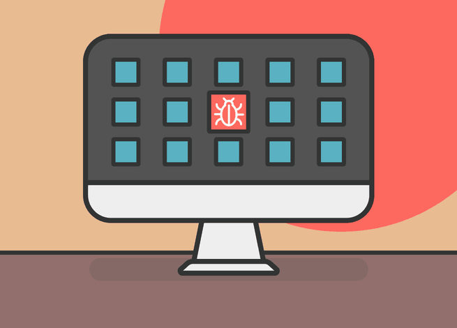 Computador con carpetas y virus.