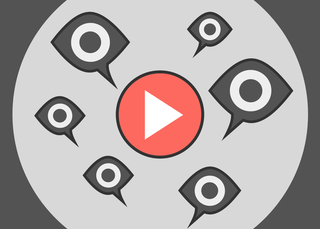 Ojos sobre acoso en línea al rededor de un símbolo del botón play típico de YouTube.