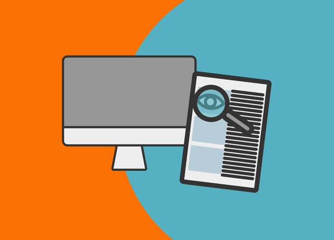 Una pantalla y un texto con lupa, representan el Contrato para la Web.