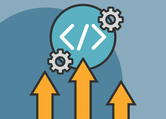 Flechas que apuntan hacia el símbolo de inicio y cierre de un código de programación.