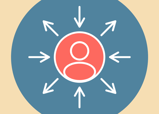 La silueta de una persona dentro de dos círculos, con flechas que apuntan hacia a ella y hacia afuera.