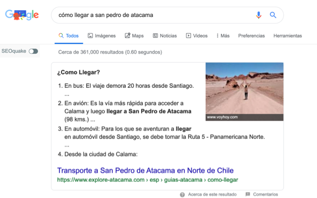SERP de Google ante búsqueda de viaje