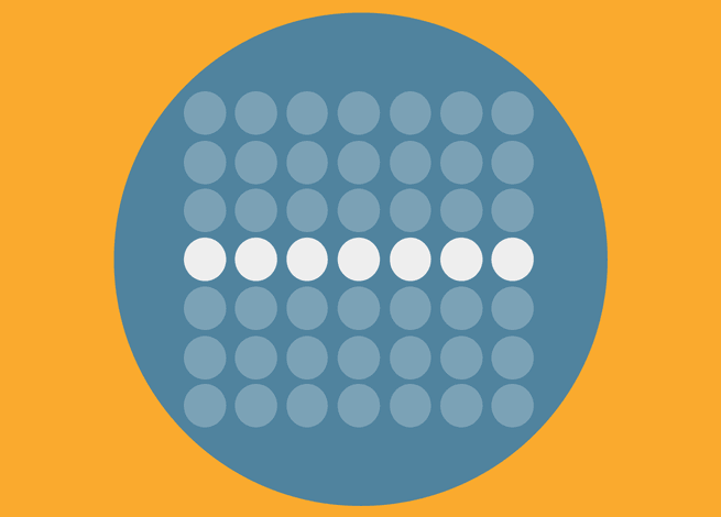 Se presenta una imagen de un círculo con círculos pequeños que permite identificar la Ley de Miller. Una de las Leyes de UX.