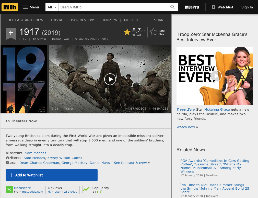 Captura de pantalla de una ficha de película del sitio IMDB, que sirve como ejemplo de una unidad discreta en ese sitio