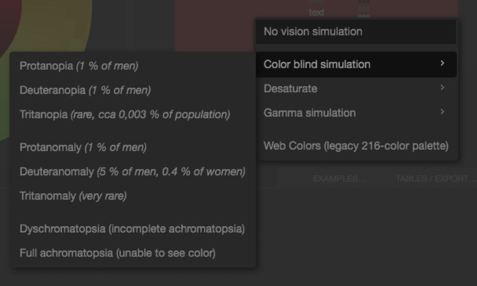 Opciones según tipo de ceguera en Paletton.