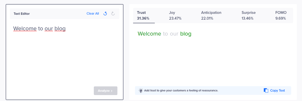 La interfaz de Clever App que muestra emociones por palabra.