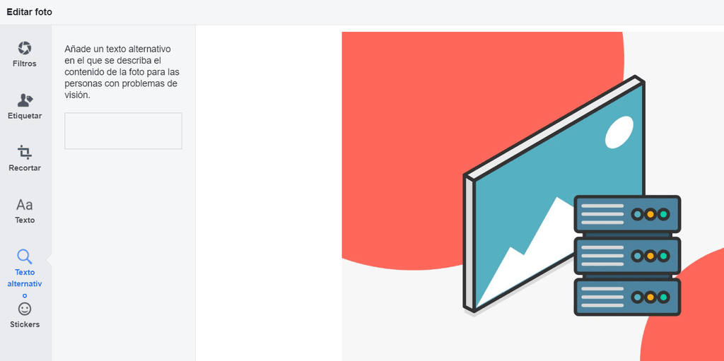 Barra de edición de fotos de Facebook, donde se indica la ubicación del texto alternativo