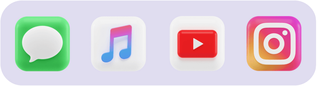 Iconos de mensajes, música, youtube e instragram con un diseño en 3 dimensiones