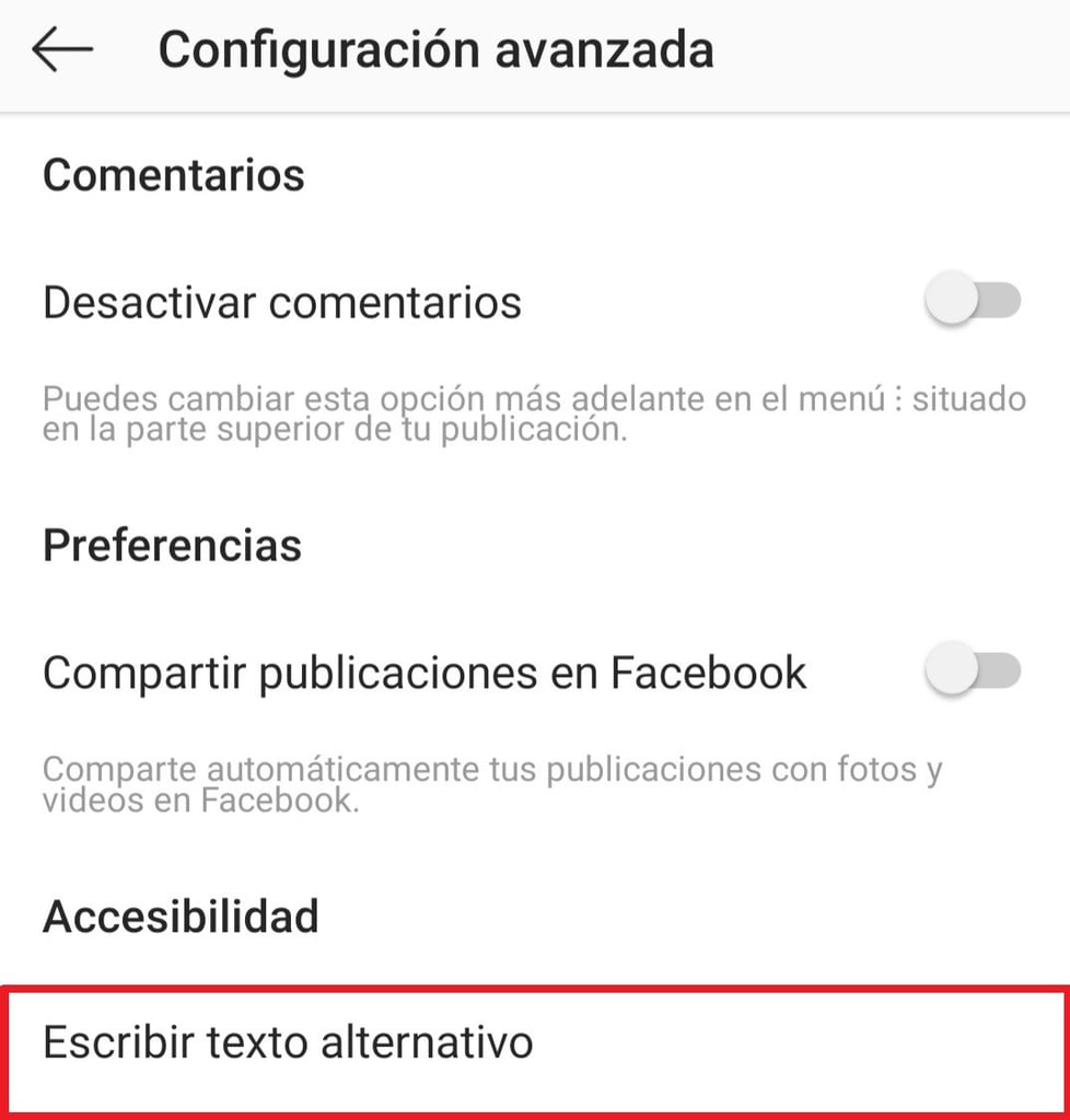 Cuadro de configuración avanzada de Instagram, con la ubicación del texto alternativo