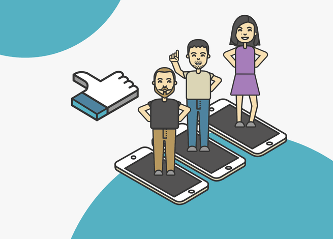 Tres personas dentro de un celular, representan el ambiente laboral del teletrabajo.