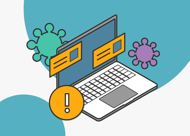 Diseñar y comunicar en pandemia, es representado por un computador personal y señales de alerta.
