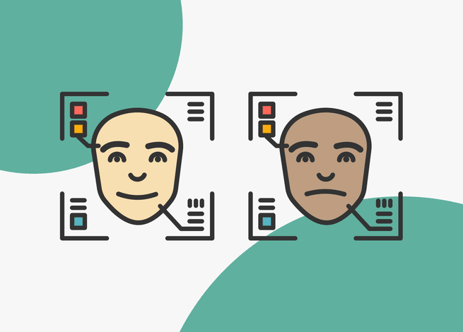 Dos caras, feliz y triste, de test oscuras y blanca, representan el racismo tras las inteligencias de reconocimiento facial.