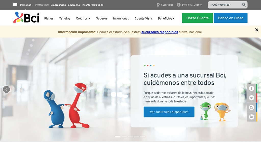 Sitio web de BCI con un diseño sencillo que llama a leer el texto relacionado al Covid-19.