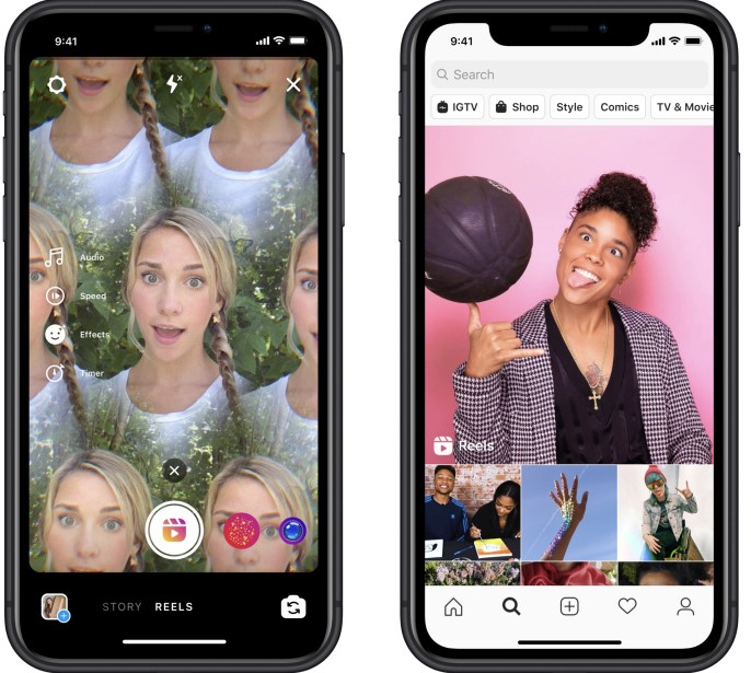 Dos teléfonos móviles que tienen en su interior la interfaz de Instagram Reels.