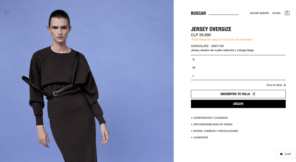 Ficha de producto de Zara, con productos a la izquierda y botones de compra a la derecha.