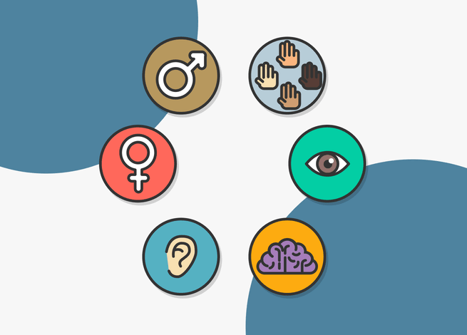seis íconos que nos muestran algunos aspectos a tener en cuenta para un diseño que aboga por la inclusión.