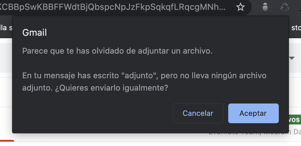 Mensaje emergente de Gmail al no adjuntar un archivo.
