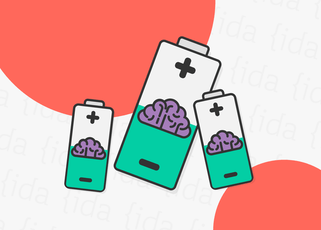 Tres pilas que se muestran a media capacidad y con un cerebro dentro de cada una de ellas, lo que demuestra la carga emocional en los procesos de research.