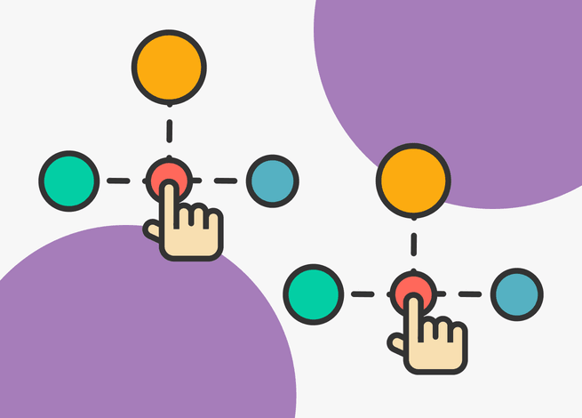 Esquema de un diseño de interacción: una mano sobre un punto que se divide en tres puntos.