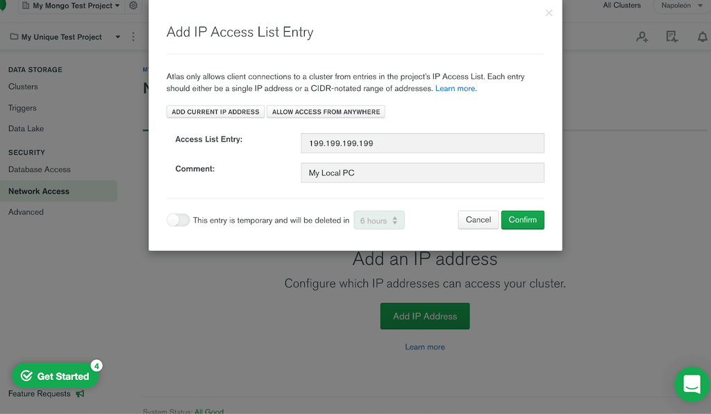 Opciones sobre la IP seleccionada.