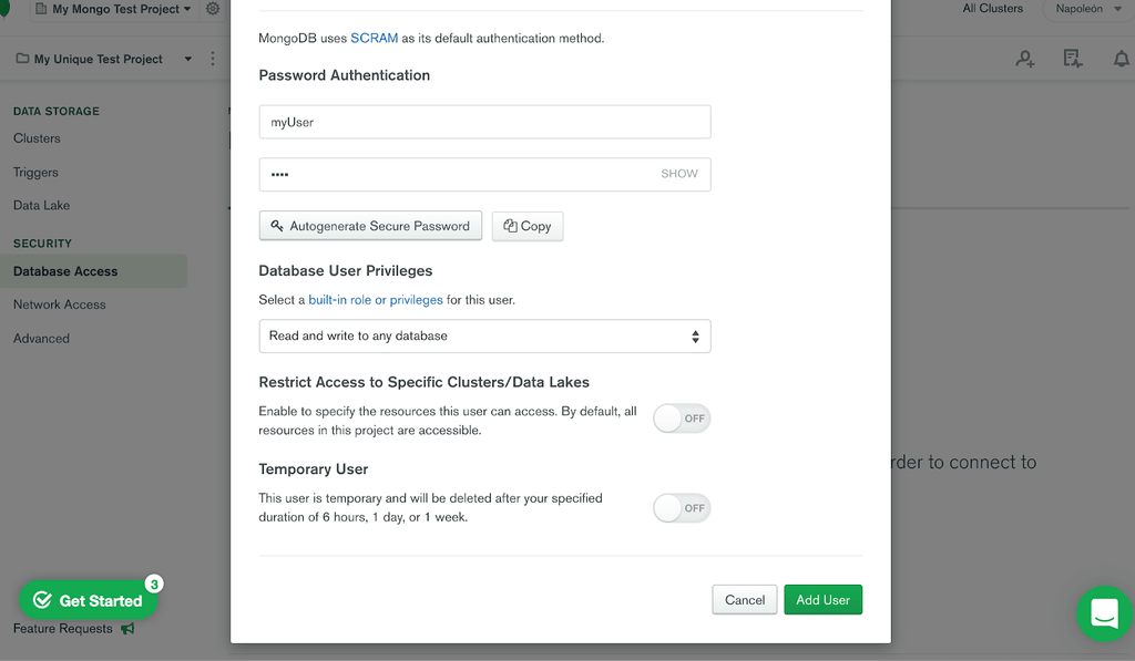 Autenticación de contraseña en MongoDB Atlas.