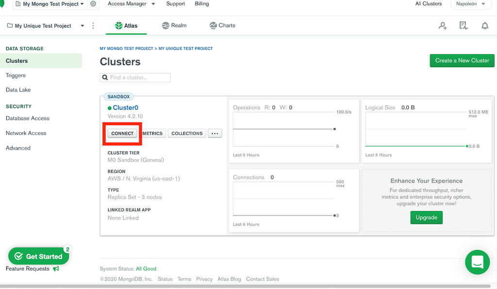 Conexión a la Cluster en MongoDB Atlas.