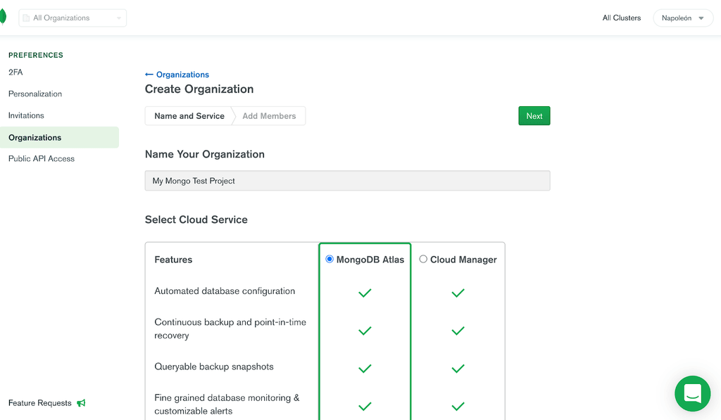 Interfaz para asignar nombre a organización.