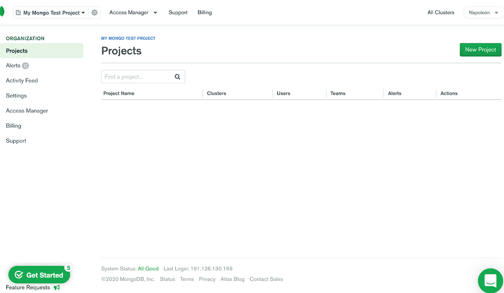 Gestión de proyectos MongoDB Atlas.