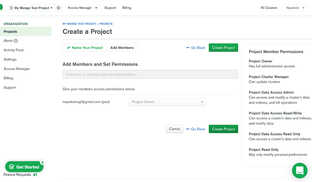Permisos para miembros en MongoDB Atlas.