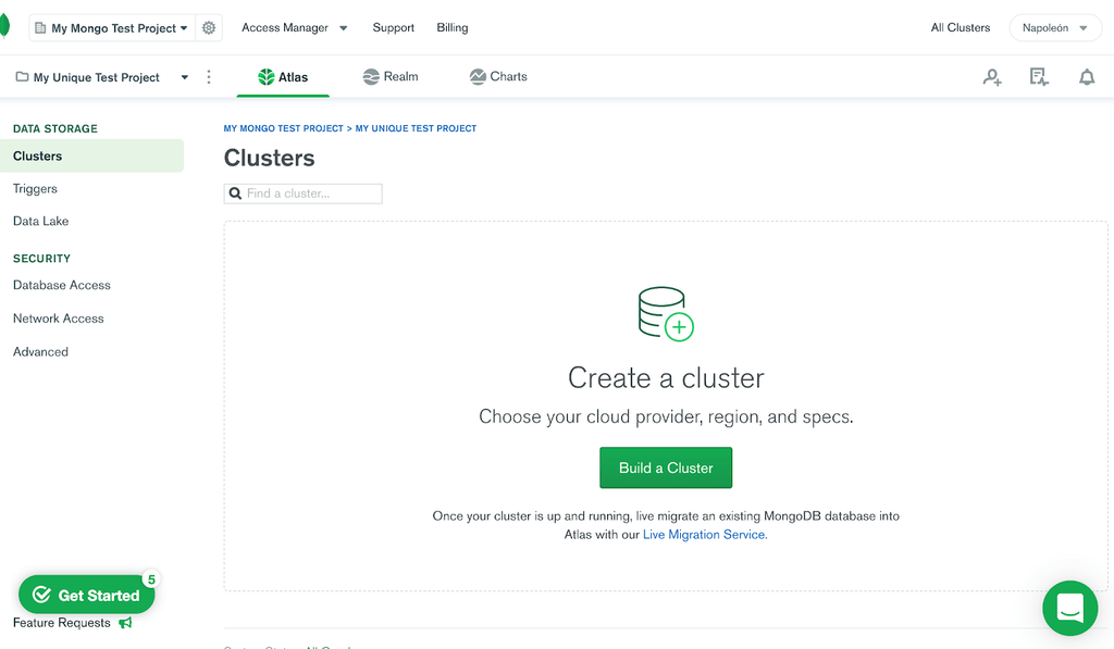 Interfaz de Clusters en Mongo DB Atlas.