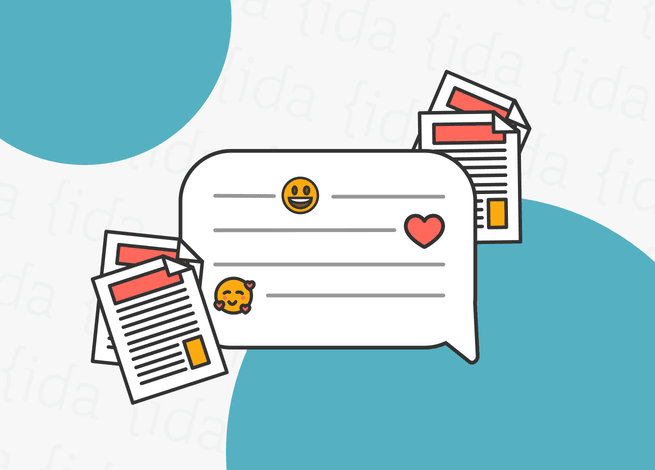 Una burbuja de texto, con dos documentos a su alrededor que reflejan los manuales de voz y tono.